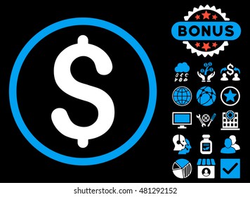 Dollar icon with bonus. Vector illustration style is flat iconic bicolor symbols, blue and white colors, black background.