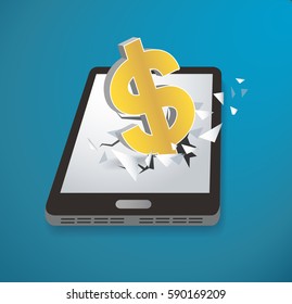 Dollar icon Breakthrough screen smartphone vector  