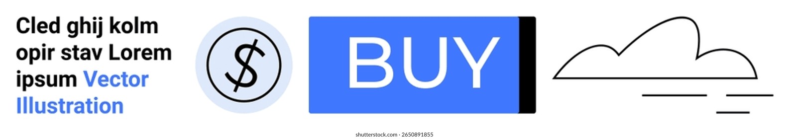 Ícone de dólar, botão Comprar, contorno de nuvem, lorem ipsum texto em um layout limpo. Ideal para e-commerce, design de interface do usuário, compras on-line, desenvolvimento para web, design UIUX, marketing digital