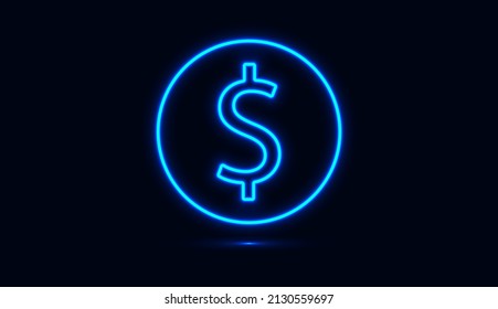 Icono de dólar con neón azul circular aislado en fondo oscuro. Ilustración del vector