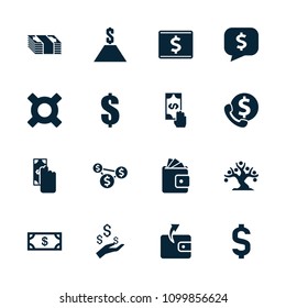 Dollar icon. collection of 16 dollar filled icons such as money, wallet, cash payment, bank support, money on hand. editable dollar icons for web and mobile.