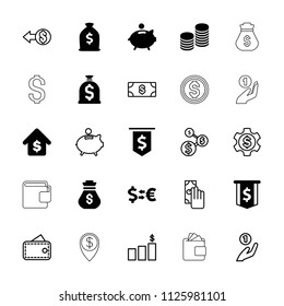 Dollar icon. collection of 25 dollar filled and outline icons such as buying a house, coin, piggy bank, money, wallet, cash payment. editable dollar icons for web and mobile.