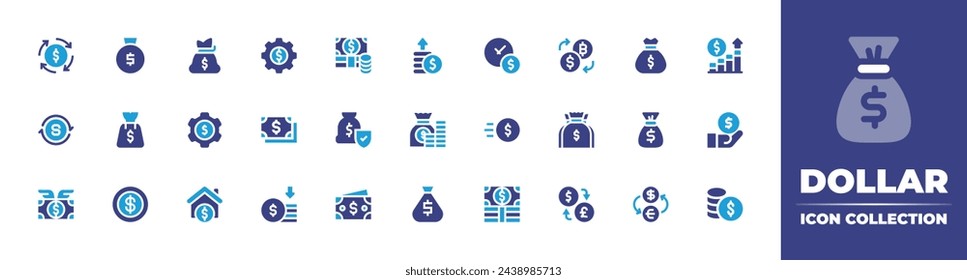 Dollar icon collection. Duotone color. Vector and transparent illustration. Containing profit, money bag, bag, money, settings, mortgage loan, exchange rate, cash, coin, currency exchange, cycle, time