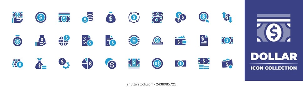 Dollar icon collection. Duotone color. Vector and transparent illustration. Containing dollar symbol, money, money bag, wallet, contract, coin, payment, notes, profits, charity, price list, bill.