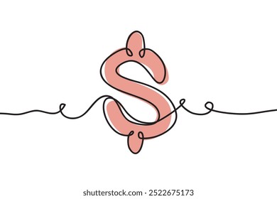 Dollar icon. Continuous line art drawing. Hand drawn doodle vector illustration in continuous lines. Floral line art decorative design