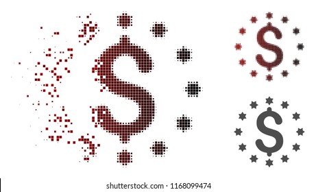 Dollar icon in dispersed, pixelated halftone and undamaged solid variants. Fragments are combined into vector dispersed dollar icon.