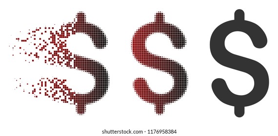 Dollar icon in dispersed, pixelated halftone and undamaged whole versions. Pixels are arranged into vector dispersed dollar symbol.