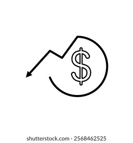 dollar icon with down arrow, simple flat style, symbol vector illustration sign logo template pictogram, for ui or ux isolated on white for mobile app, editable	