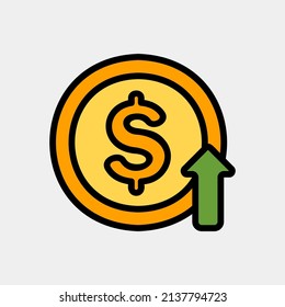Icono de aumento de dólares en el estilo de línea rellena sobre moneda, uso para presentación de aplicación móvil del sitio web