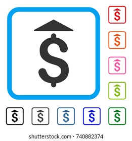 Dollar Up icon. Flat grey iconic symbol inside a light blue rounded square. Black, gray, green, blue, red, orange color versions of Dollar Up vector. Designed for web and software interfaces.