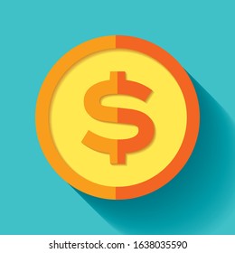 Dollar icon in flat style, coin on blue background. Business element. Vector design object for you project