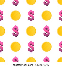 Dollar icon and gold coins seamless pattern. Endless background for websites and applications. Vector image
