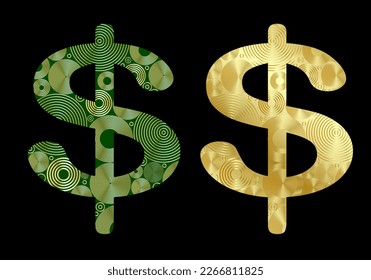 Dollar icon with golden texture isolated on black background. US dollar symbol  for online casino, business account, cryptocurrency exchanger, mobile banking or other design. Vector illustration. Set.