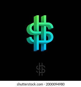 Dollar icon. Monogram consist of volumetric elements. Crossed, impossible figure. Monogram for business, bank, online banking, currency, label or packaging
