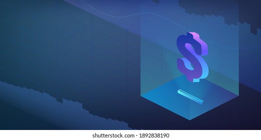 Icono del dólar con luz de neón. Fondo con gráficos financieros y lugar para el texto. Soporte para banners, presentaciones y afiches. Colores neones. Vector.
