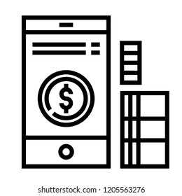 Dollar icon on smartphone screen with moneys vector illustration in line stroke design