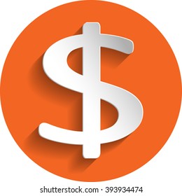 Dollar icon in paper style isolated on orange round element