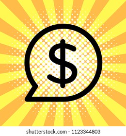 Dollar icon. Pop art speech bubble on sun burst background. Vector illustration