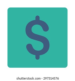Dollar icon from Primitive Buttons OverColor Set. This rounded square flat button is drawn with cobalt and cyan colors on a white background.