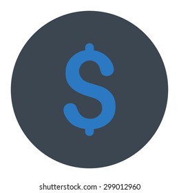 Dollar icon from Primitive Round Buttons OverColor Set. This round flat button is drawn with smooth blue colors on a white background.