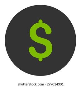 Dollar icon from Primitive Round Buttons OverColor Set. This round flat button is drawn with eco green and gray colors on a white background.