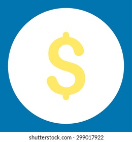 Dollar icon from Primitive Round Buttons OverColor Set. This round flat button is drawn with yellow and white colors on a blue background.