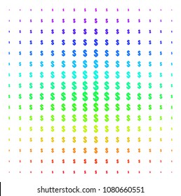 Dollar icon rainbow colored halftone pattern. Vector dollar pictograms arranged into halftone grid with vertical rainbow colors gradient. Designed for backgrounds, covers and abstraction concepts.