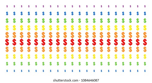 Dollar icon rainbow colored halftone pattern. Vector shapes arranged into halftone grid with vertical spectrum gradient. Designed for backgrounds, covers, templates and abstract concepts.