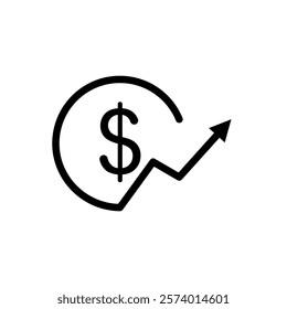 dollar icon with rising arrow, simple flat style, vector illustration symbol sign logo template pictogram, for ui or ux isolated on white for mobile app, editable	