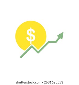 dollar icon with rising arrow, simple flat style, vector illustration symbol sign logo template pictogram, for ui or ux isolated on white for mobile app, editable