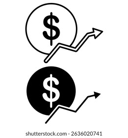 dollar icon with rising arrow, simple flat style, vector illustration symbol sign logo template pictogram, for ui or ux isolated on white for mobile app, editable