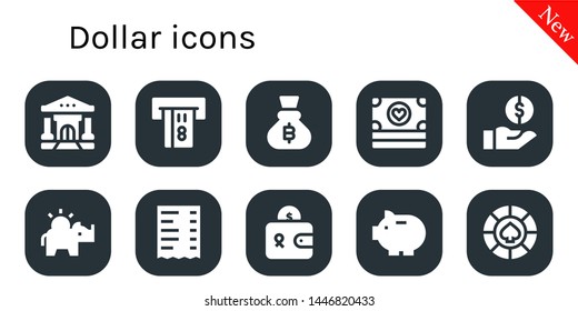 dollar icon set. 10 filled dollar icons.  Collection Of - Bank, Atm, Bitcoin, Money, Money box, Receipt, Wallet, Piggy bank, Casino