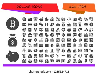  dollar icon set. 120 filled dollar icons. Simple modern icons about  - Bitcoin, Piggy bank, Money bag, Money, Gift card, Atm, Piggybank, Wallet, Money exchange, Currency exchange