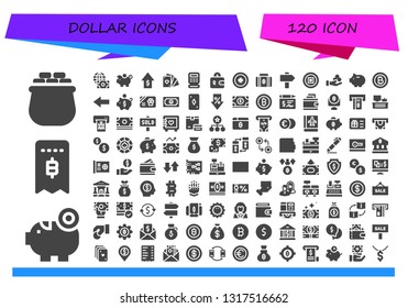 dollar icon set. 120 filled dollar icons.  Collection Of - Gold, Piggy bank, Invoice, Economy, Sales, Cards, Cash register, Wallet, Coin, Bitcoin, Sign, Money, Back, Gift card