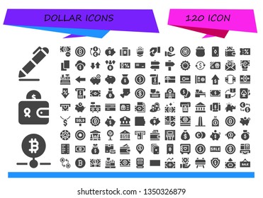 dollar icon set. 120 filled dollar icons.  Collection Of - Signing, Bitcoin, Wallet, Money, Exchange, Piggy bank, Gauntlet, Coin, Payment, Gold, Card, Sale, Cards, Funds, Transfer