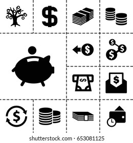 Dollar icon. set of 13 filled dollar icons such as coin, atm money withdraw, piggy bank, wallet, dollar, money