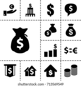 Dollar icon. set of 13 filled dollar icons such as money sack, buying a house, coin, money sack, bank, hand on coin