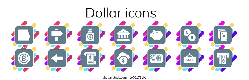 dollar icon set. 14 filled dollar icons. Included Wallet, Bitcoin, Sign, Back, Money bag, Invoice, Bank, Funds, Piggy bank, Gift card, Exchange, Sale, Cards, Atm icons