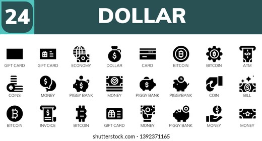 dollar icon set. 24 filled dollar icons.  Collection Of - Gift card, Economy, Dollar, Card, Bitcoin, Atm, Coins, Money, Piggy bank, Piggybank, Coin, Bill, Invoice