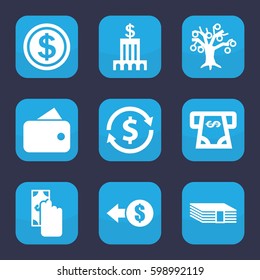 dollar icon. Set of 9 filled dollar icons such as ATM money withdraw, dollar coin, bank, money, wallet, cash payment