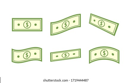 Dollar icon set. Banknotes symbol. Money in a flat style. Cartoon cash sign. Currency collection. Dollar bills. Paper bank notes. Jackpot, big win concept. Vector illustration.