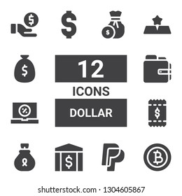 dollar icon set. Collection of 12 filled dollar icons included Baht, Paypal, Bank, Money bag, Bill, Sale, Wallet, Dollar, Gold, Money, Coin