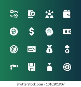 dollar icon set. Collection of 16 filled dollar icons included Coin, Sack, Save, Coins, Bitcoin, Money, Sign, Euro, Wallet, Business, Dollar, Gold, Exchange