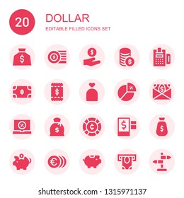 dollar icon set. Collection of 20 filled dollar icons included Money bag, Coins, Cash, Money, Payment, Bitcoin, Bill, Sack, Diagram, Sale, Coin, Credit, Piggy bank, Atm, Sign