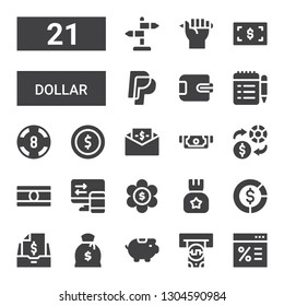 dollar icon set. Collection of 21 filled dollar icons included Sale, Atm, Piggy bank, Money, Taxes, Diagram, Transfer, Bill, Exchange, Cash, Coin, Casino, Wallet, Paypal, Drawing