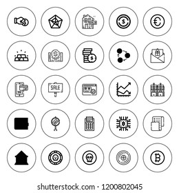 Dollar icon set. collection of 25 outline dollar icons with atm, bank, bitcoin, coin, coins, exchange, gift card, gold, investment, invoice, euro icons. editable icons.