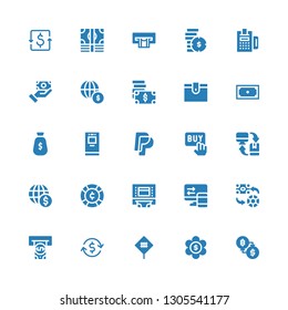 dollar icon set. Collection of 25 filled dollar icons included Exchange, Money, Sign, Investment, Atm, Transfer, Coin, Buy, Paypal, Wallet, Economy, Payment method, Payment, Coins