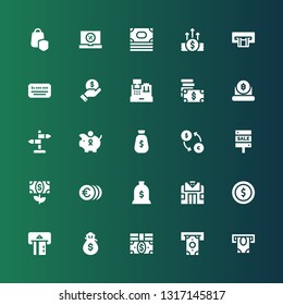 dollar icon set. Collection of 25 filled dollar icons included Atm, Withdraw, Bills, Money bag, Coin, Pawn shop, Money, Sale, Exchange, Piggy bank, Sign, Bitcoin, Cash register