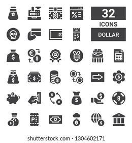 dollar icon set. Collection of 32 filled dollar icons included Bank, Economy, Bitcoin, Money, Invoice, Coin, Casino, Exchange, Insert coin, Piggy bank, Sign, Currency, Money bag
