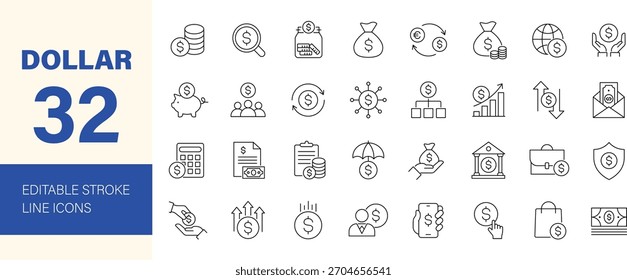 Dollar icon set. Containing money, cash, coin, payment, bank, earnings, income, currency, business, loan and more. Editable line icons. Vector illustration.